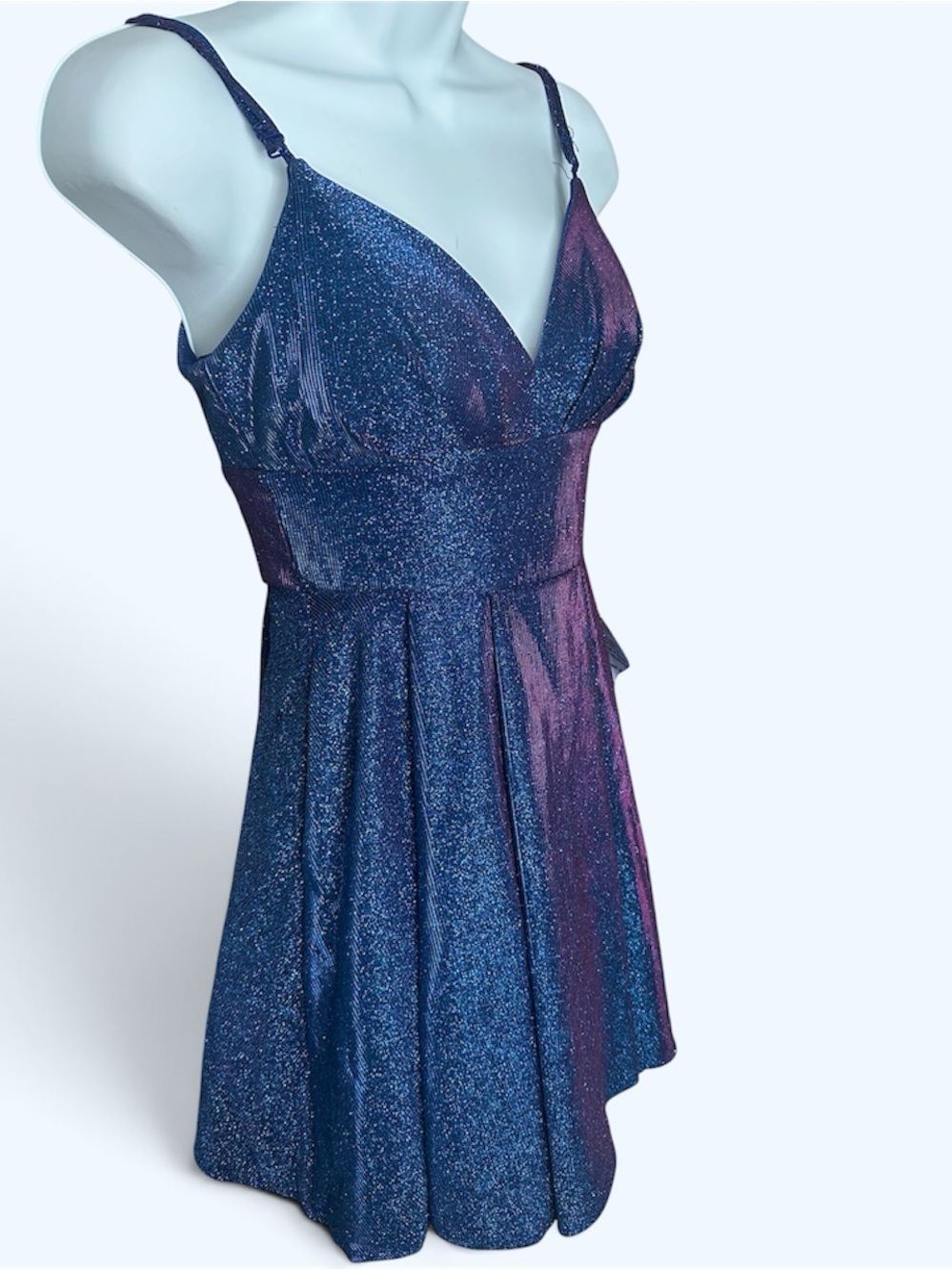 B Darlin' Size 3/4 Blue Sapphire Glitter-Knit Skater Party Mini Dress HOCO Prom - Picture 4 of 9